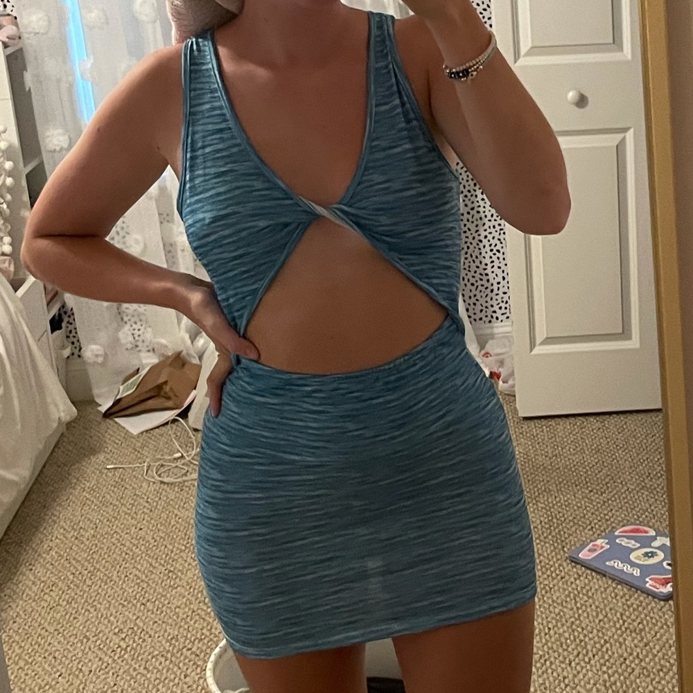 Blue hollow out stomach twist dress!
